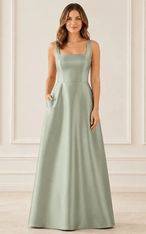 Vestido largo sin mangas de corte A con escote cuadrado y tirantes, color celadón, de satén.