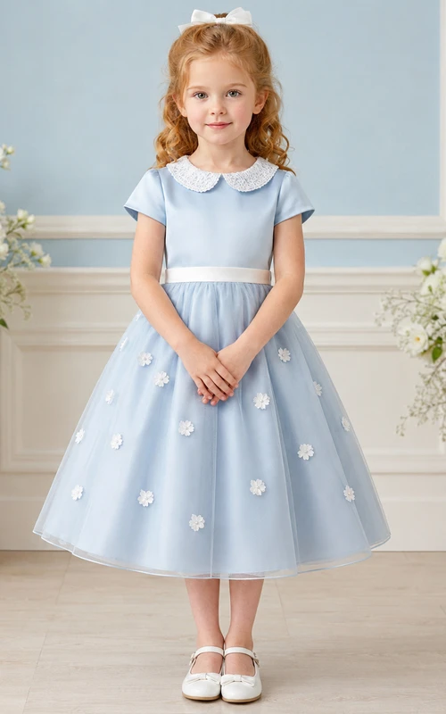 A-Line 1950s Tea-Length Flower Girl Dress with Cap Sleeves, Floral Print, Tea-Length Skirt, Natural Waist, 1950s Ceremony Style