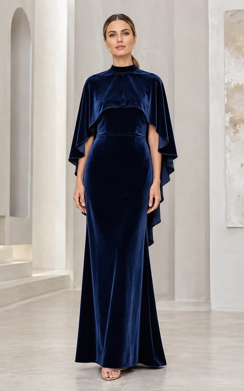 Dunkelblaues, hochgeschlossenes Samtcape-Gästekleid