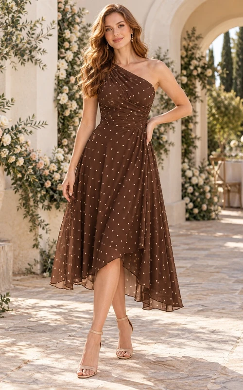 Chocolate Polka Dot One Shoulder Sleeveless Chiffon Ankle Length A Line Guest Dress