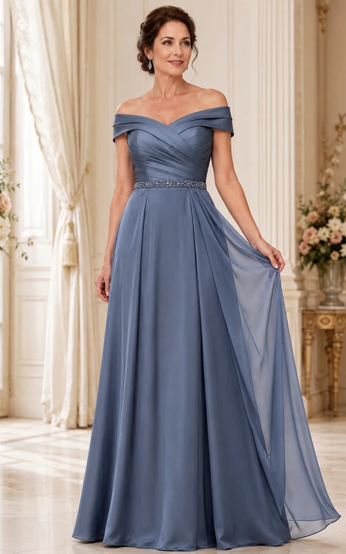 Elegant Slate Blue Off Shoulder Beaded Chiffon A Line Mother Gown