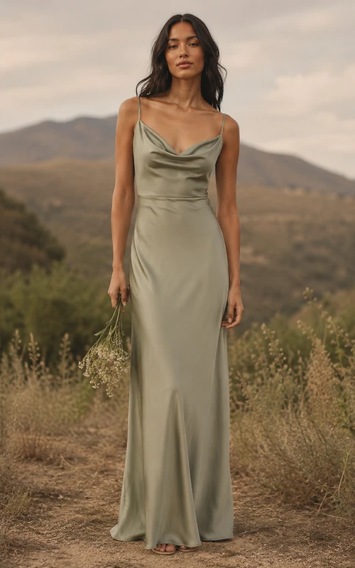Vestido tubo de charmeuse con cuello drapeado color salvia
