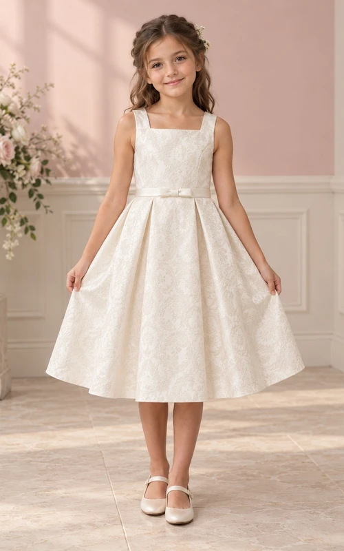 Tea-length Square Neck Ivory A-line Floral Textured Sleeveless Bow-back Flower Girl Dress