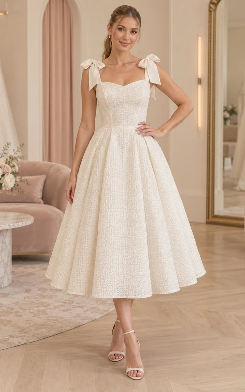 Vestido de novia sencillo de corte A, largo hasta la rodilla, escote corazón, sin mangas, con lazo, de algodón seersucker.