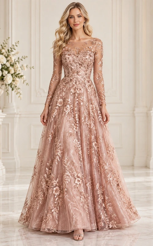 Vestido de noche formal largo hasta el suelo con escote redondo, mangas largas y corte en A, bordado, con apliques florales en oro rosa