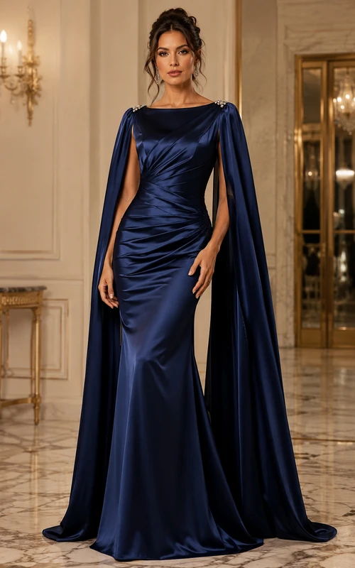Navy Blue Satin Evening Dress with Cape Sleeves and Crystal Shoulder Detail