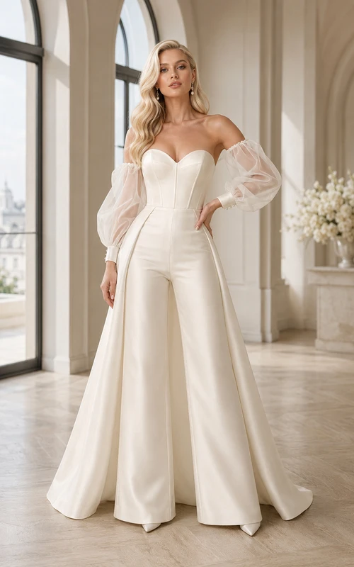 Strapless Sweetheart Puff Sleeve Wedding Jumpsuit with Overskirt