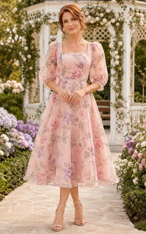 Blush floral puff sleeve chiffon midi wedding guest dress