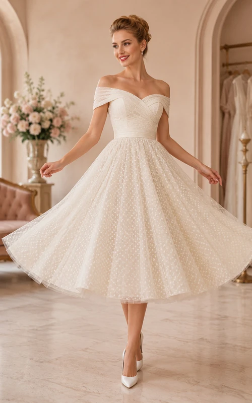 Retro Off Shoulder Dotted Tulle A-Line Tea Length Civil Wedding Dress