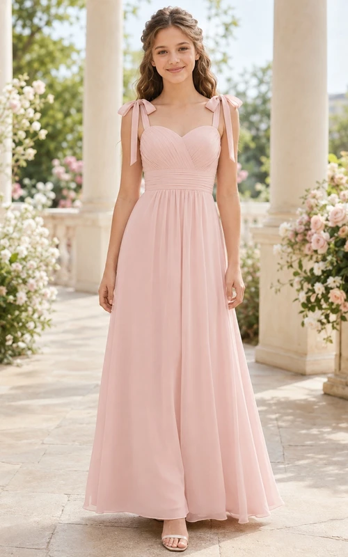Zartrosa Brautjungfernkleid, A-Linie, Spaghettiträger, ärmellos, mit Schleife/Band, elegant und romantisch