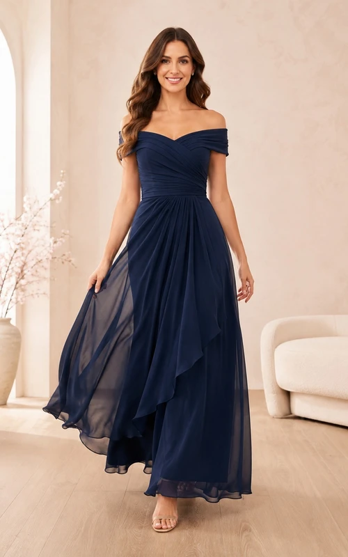 Dark Navy Off-Shoulder Ruched Chiffon A-Line Ankle-Length Elegant Guest Dress