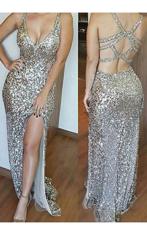 Meerjungfrauen-Trompetenkleid mit Pailletten, V-Ausschnitt, ärmellos und mit Trägern