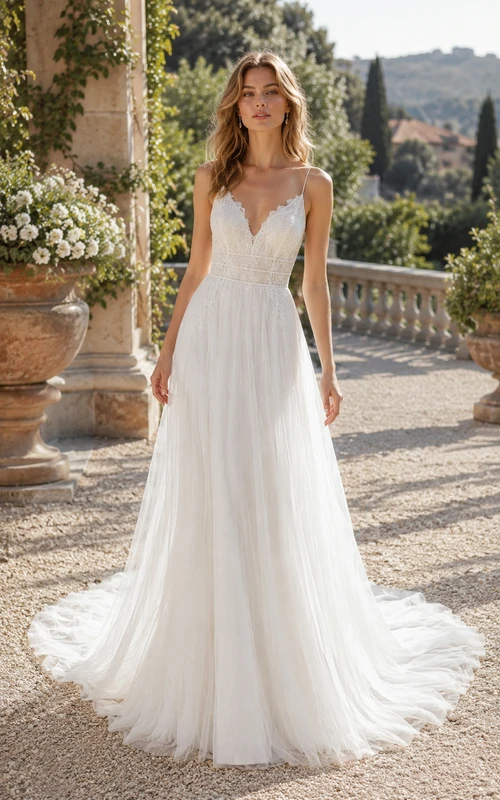 White Spaghetti Strap Deep V Tulle A-Line Wedding Dress