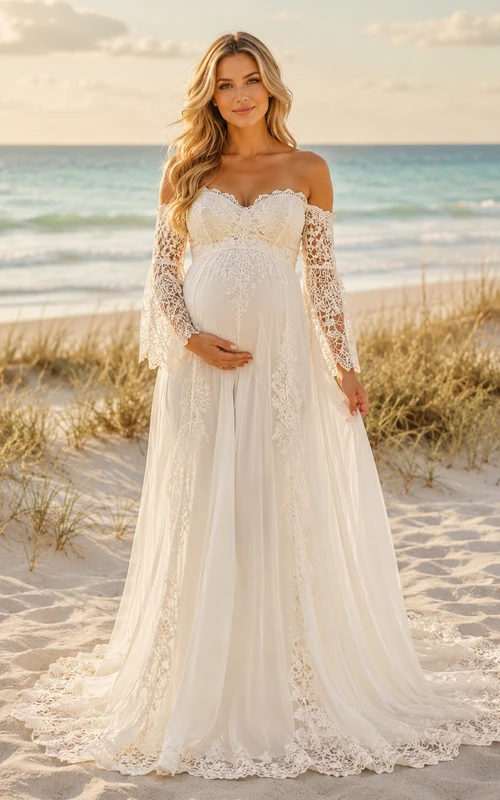 Umstandsbrautkleid, schulterfrei, mit Spitzenärmeln, A-Linien-Strandkleid und herzförmigem Ausschnitt