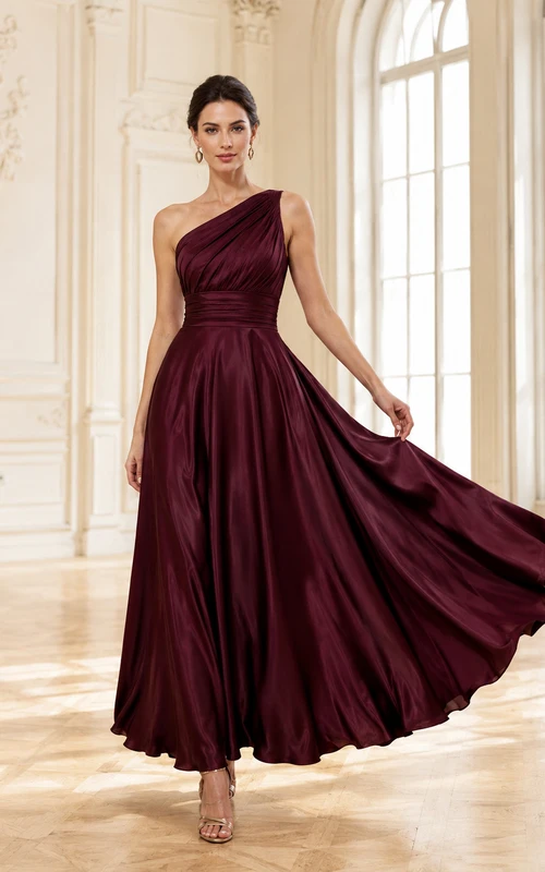 Elegant Burgundy Satin Prom A Line Ankle Length One Shoulder Ruched Dress