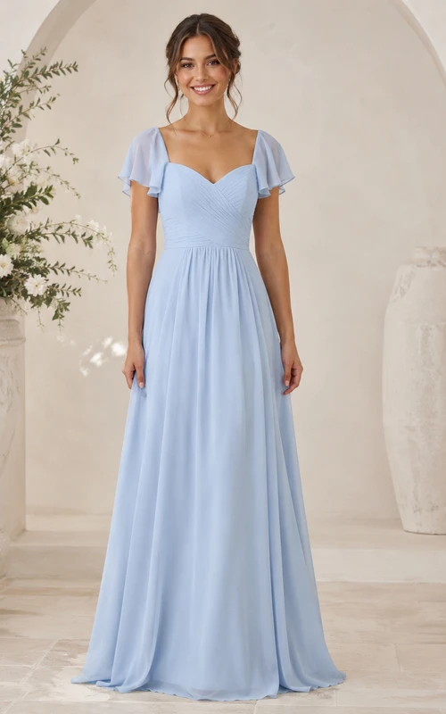Himmelblaues Brautjungfernkleid aus Chiffon mit eckigem Ausschnitt, kurzen Ärmeln und A-Linie