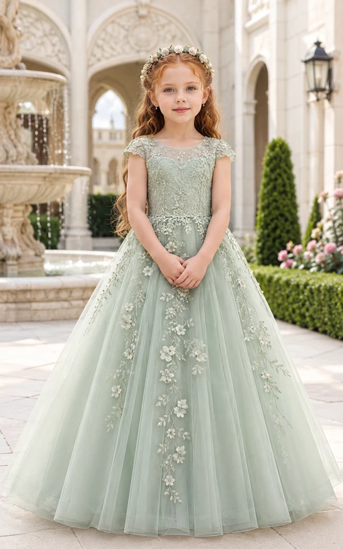 Sage Flower Girl Dress with Illusion Scoop Neck, Lace Cap Sleeves, Floral Embroidered Floor-Length Tulle Ball Gown and Button Back