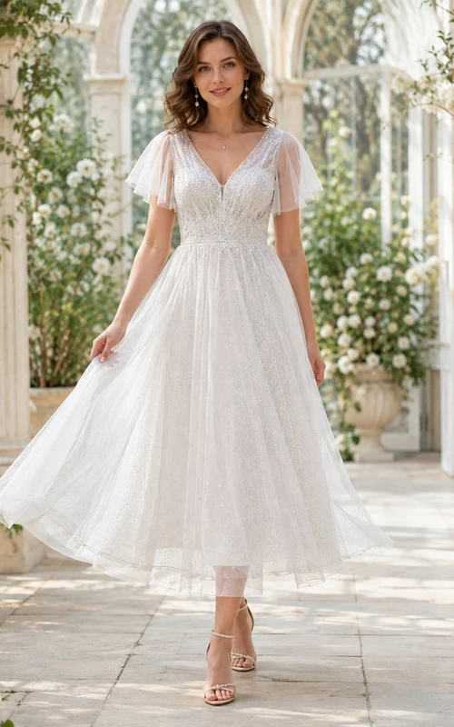 Vestido de cóctel romántico de tul con escote en V, mangas con volantes y corte en A, largo hasta la rodilla.