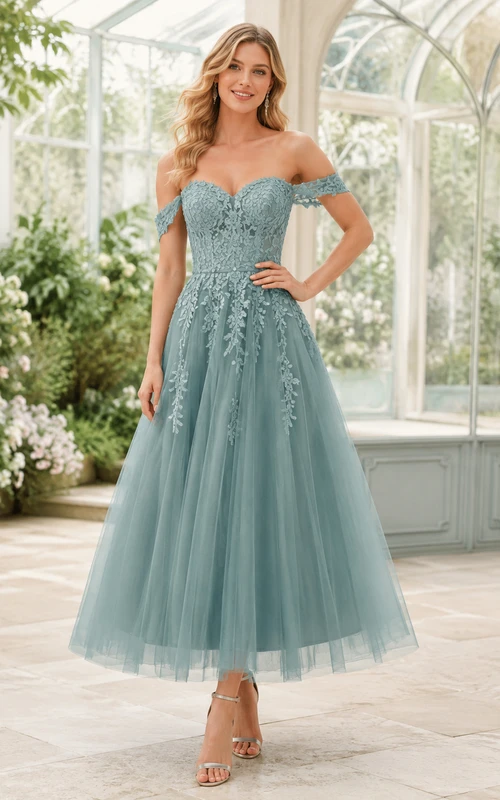 Vestido de novia romántico de corte A, largo hasta la rodilla, con encaje y tul, color azul acero, hombros descubiertos.