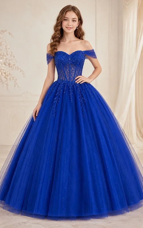 Royal Blue Off-shoulder Tulle Ball Gown Floor-length Sparkling Prom Formal Dress