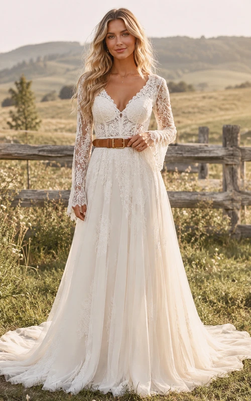 Robe de mariée champêtre en tulle et dentelle, coupe trapèze, col rond, manches longues et traîne.
