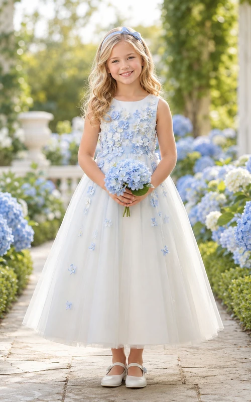 Blaues Hortensien-Blumenmädchenkleid mit ärmellosem Tüll-A-Linien-Schnitt, floralen Applikationen, natürlicher Taille und bodenlangem Rock