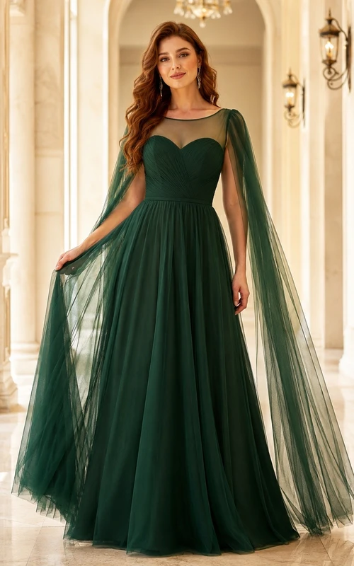 Dark Green Sweetheart Cape Sleeve Tulle Ball Gown Formal Dress