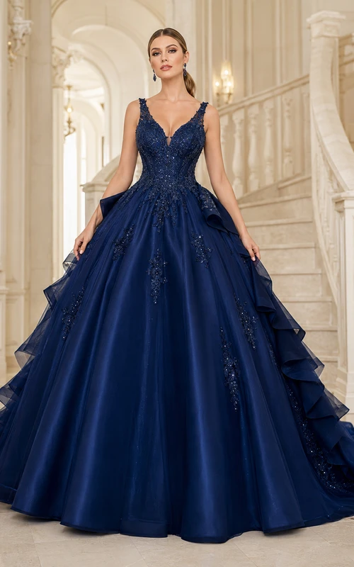Dark Navy Luxury Straps V Neck Satin Ruffle Detachable Train Quinceanera Ball Gown