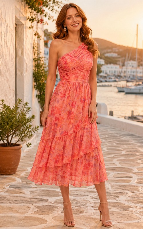 Coral Coastal Wedding Guest Dress A-Line Chiffon One-Shoulder