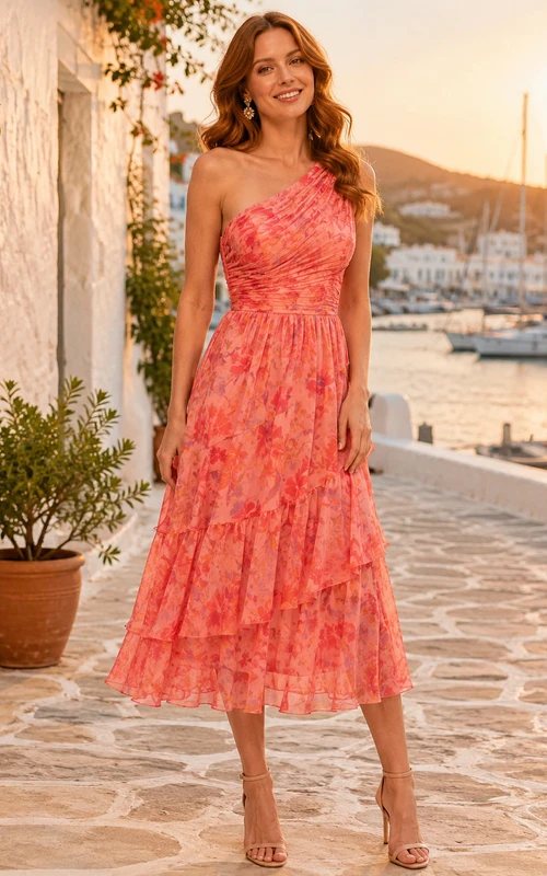 Coral Coastal Wedding Guest Dress A-Line Chiffon One-Shoulder Sleeveless Tea-Length Floral Print
