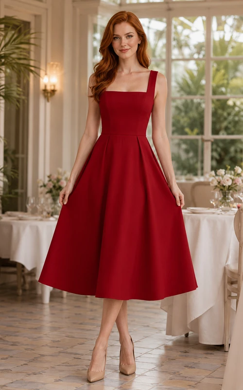 Robe de fiançailles/dîner rouge en satin à col carré et coupe trapèze, longueur thé
