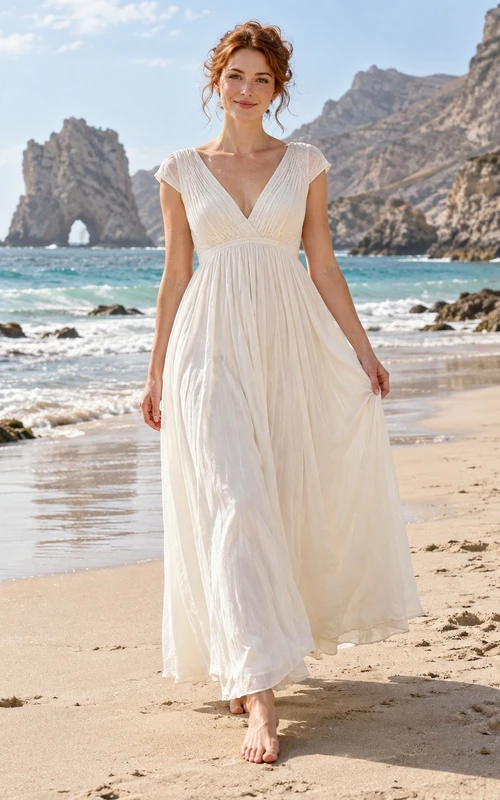 Vestido de novia sencillo de gasa plisada con escote en V y mangas cortas hasta los tobillos