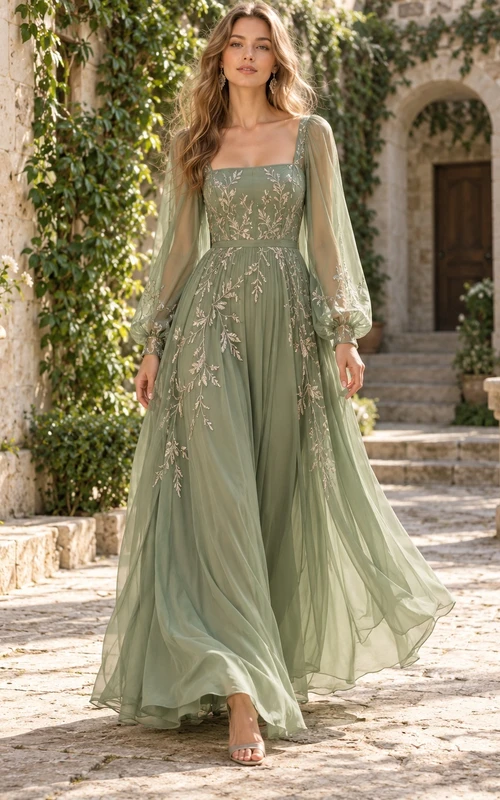Robe de soirée en mousseline brodée de fleurs, couleur sauge, manches longues et col carré