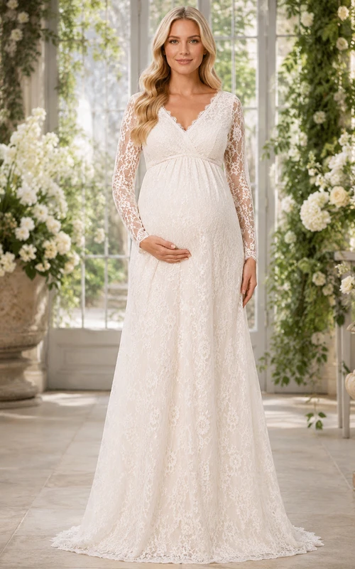 Robe de mariée romantique de maternité à col en V, manches illusion longues, en dentelle, style empire