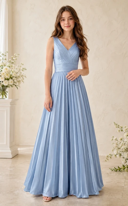 Hellblaues Brautjungfernkleid für junge Damen, A-Linie, V-Ausschnitt, ärmellos, elegant, aus Satin