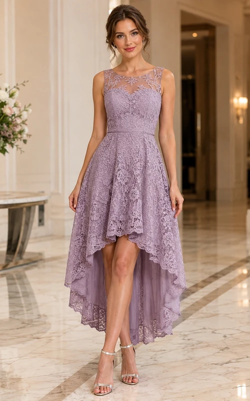 Robe d'invitée romantique en dentelle lavande, coupe trapèze, décolleté carré asymétrique, sans manches