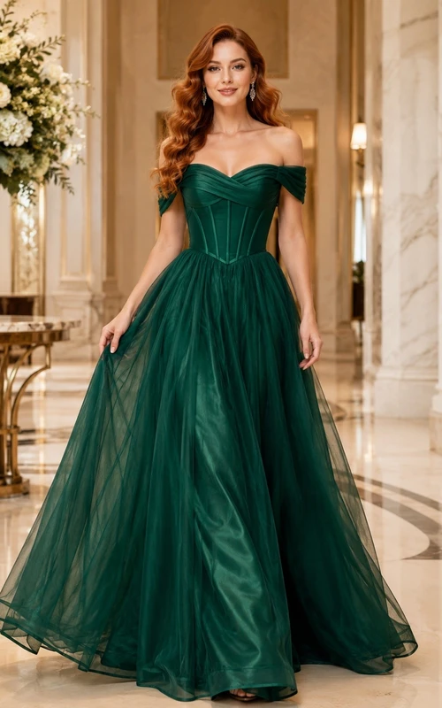 Emerald Off Shoulder Satin Pleated A-Line Formal Evening Gown