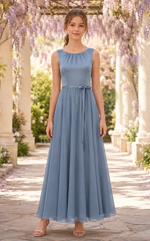 Schieferblaues Brautjungfernkleid für junge Damen, A-Linie, Rundhalsausschnitt, ärmellos, wadenlang, Chiffon, Schleifendetail, romantisch