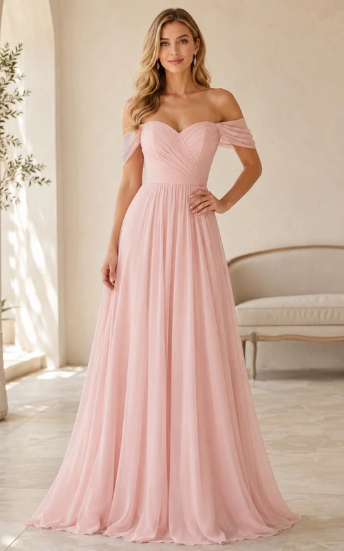 Off Shoulder Blushing Pink Chiffon A-line Floor Length Bridesmaid Dress