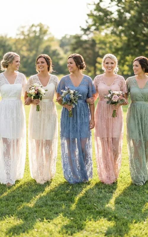 Sheer Illusion V-Neck Tulle Dress with Sweep Train