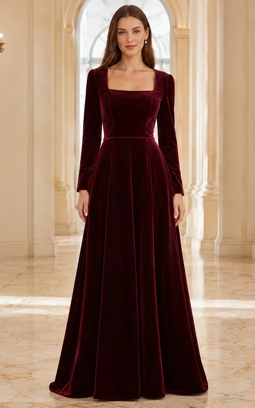 Vestido de fiesta formal modesto de terciopelo color burdeos con cuello cuadrado, manga larga y corte en A hasta el suelo.