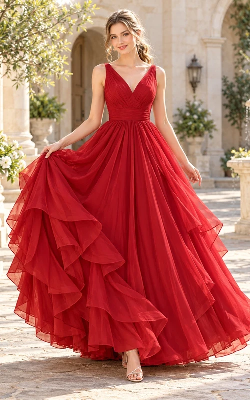 Robe de bal rouge en mousseline fluide, sans manches, à col en V et corsage froncé.