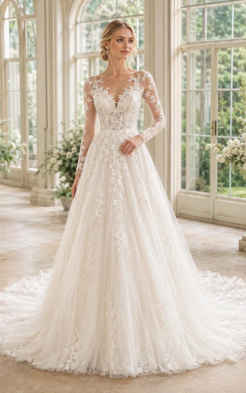 Robe de mariée élégante en dentelle florale, coupe trapèze, manches longues, col en V et traîne chapelle