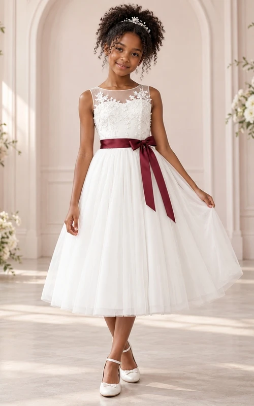 Vestido de niña de flores blanco modesto de corte A con estampado floral y sin mangas, con ribete de cinta burdeos.