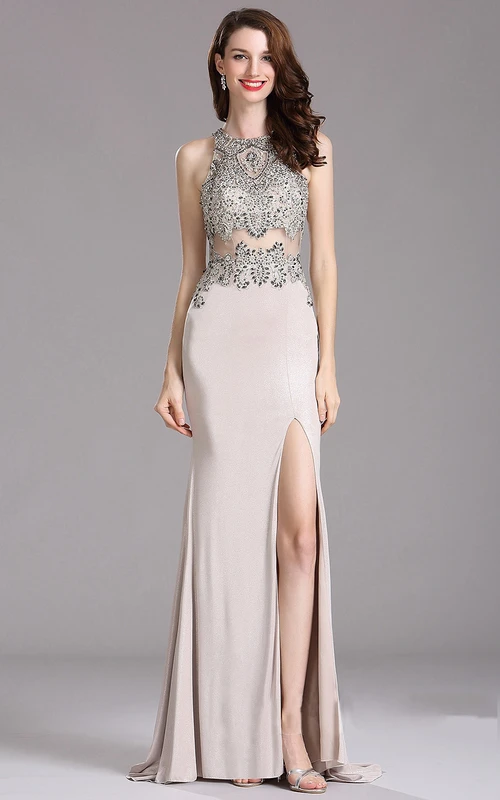 Sheath Sweep High-Neck Sleeveless Jersey Split Front Illusion Dress