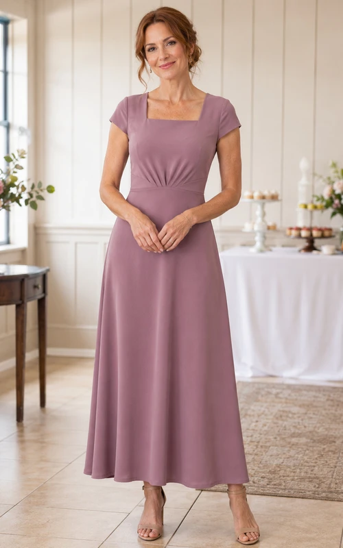 Robe de cérémonie mauve à encolure carrée, manches courtes et coupe trapèze.