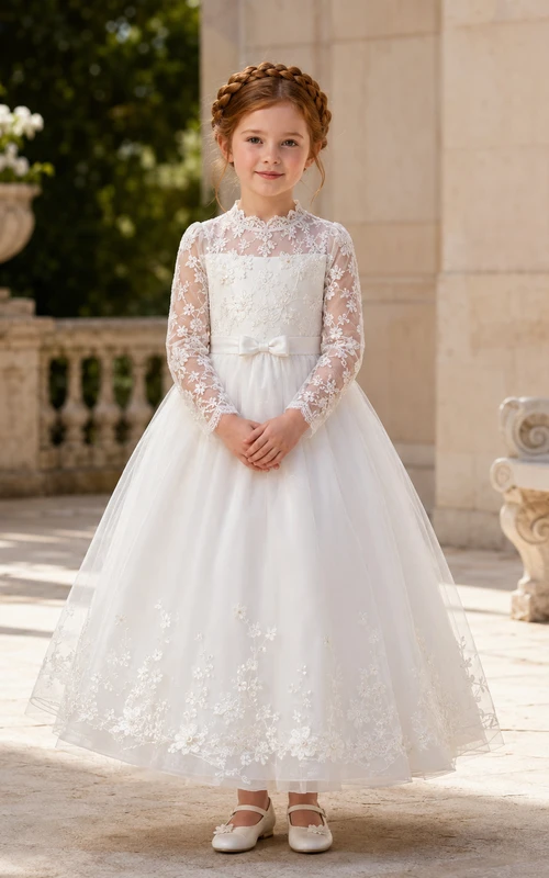 Robe de demoiselle d'honneur en dentelle champagne et tulle, coupe trapèze, manches longues, col rond, longueur thé