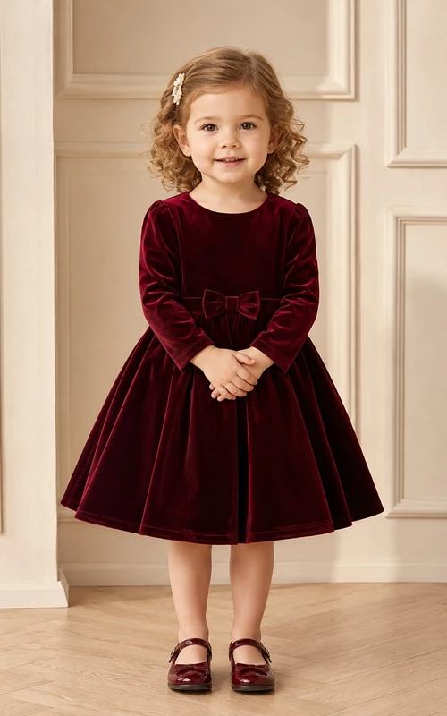 Burgundy Velvet Bow Long Sleeve Flowergirl Dress Classic Occasion