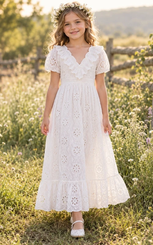 Vestido de niña de flores blanco, sencillo, con estampado floral, corte en A, encaje, manga corta, largo hasta los tobillos y escote en V con volantes.