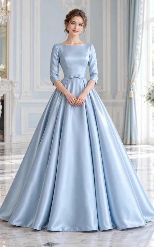 Robe de bal vintage bleu ciel à manches bateau et taille nouée en satin